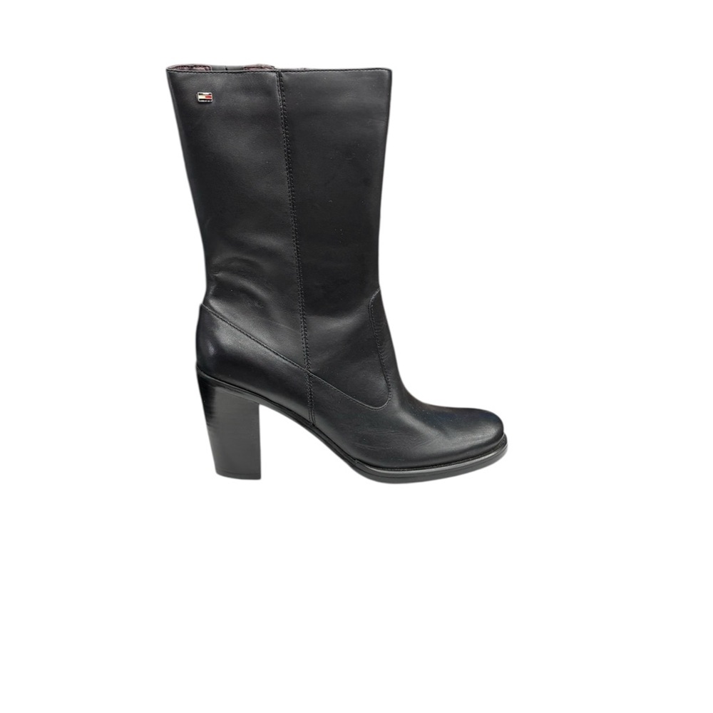 Tommy Hilfiger Black Leather Mid-Calf Block Heel Boots